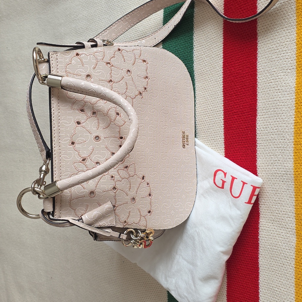 GUESS Pale Pink Jayne Satchel laser-Cut Floral Embroidery. Guess Charms Dust Bag